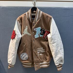 Travis Scott x Jordan Antique Brown Varsity Jacket Unisex Sz S Brand New